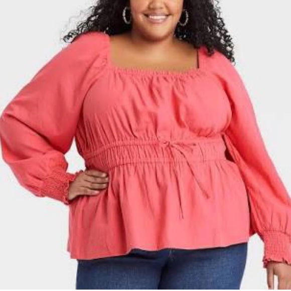 Ava & Viv Women's Long Sleeve Peplum Top in Coral Red Smocked with Tie 3X - Picture 6 of 7